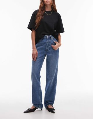 Topshop High Rise Straight Kort Jeans in Mid Blue