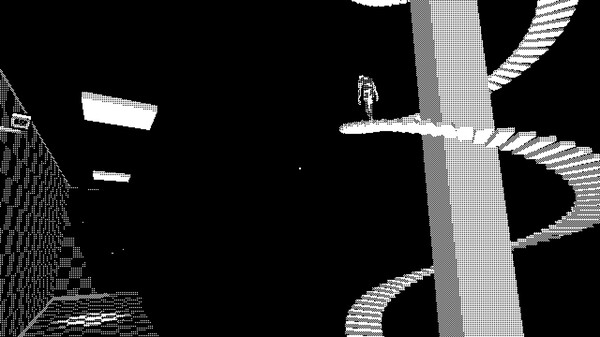 A scene from a black-and-white pixelated 3D video game inspired by Severance called Pager