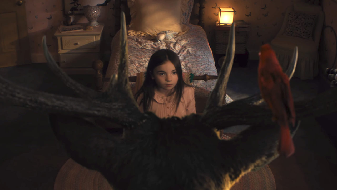 little girl looking up at deer and bird looking at her in Disclosure Day