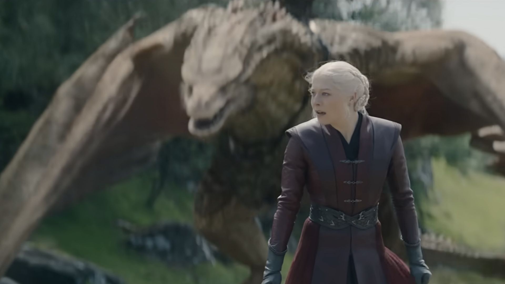 Rhaenyra with Syrax in the background.
