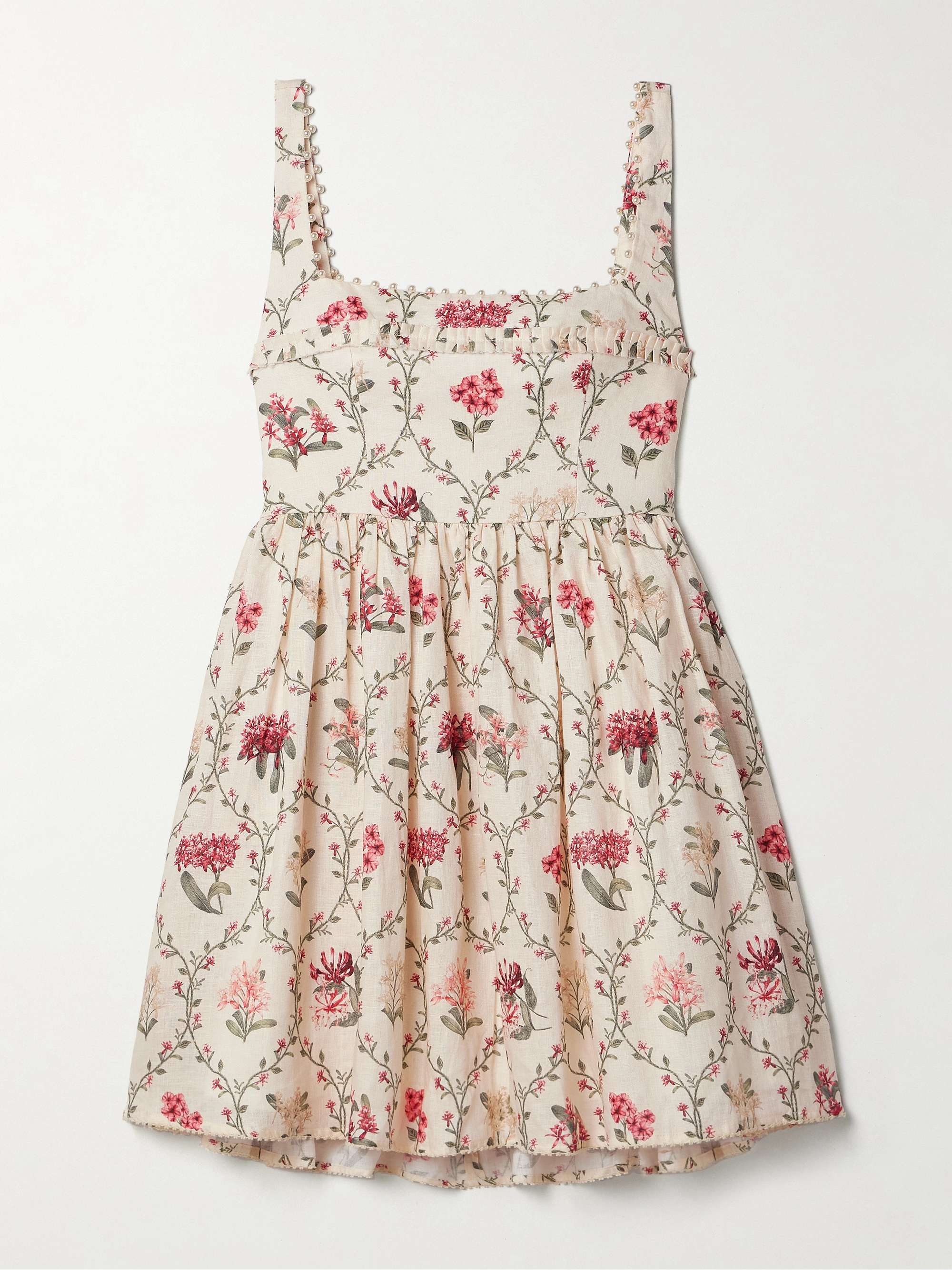 Barbara Orquidea Embellished Floral-Print Linen Mini Dress