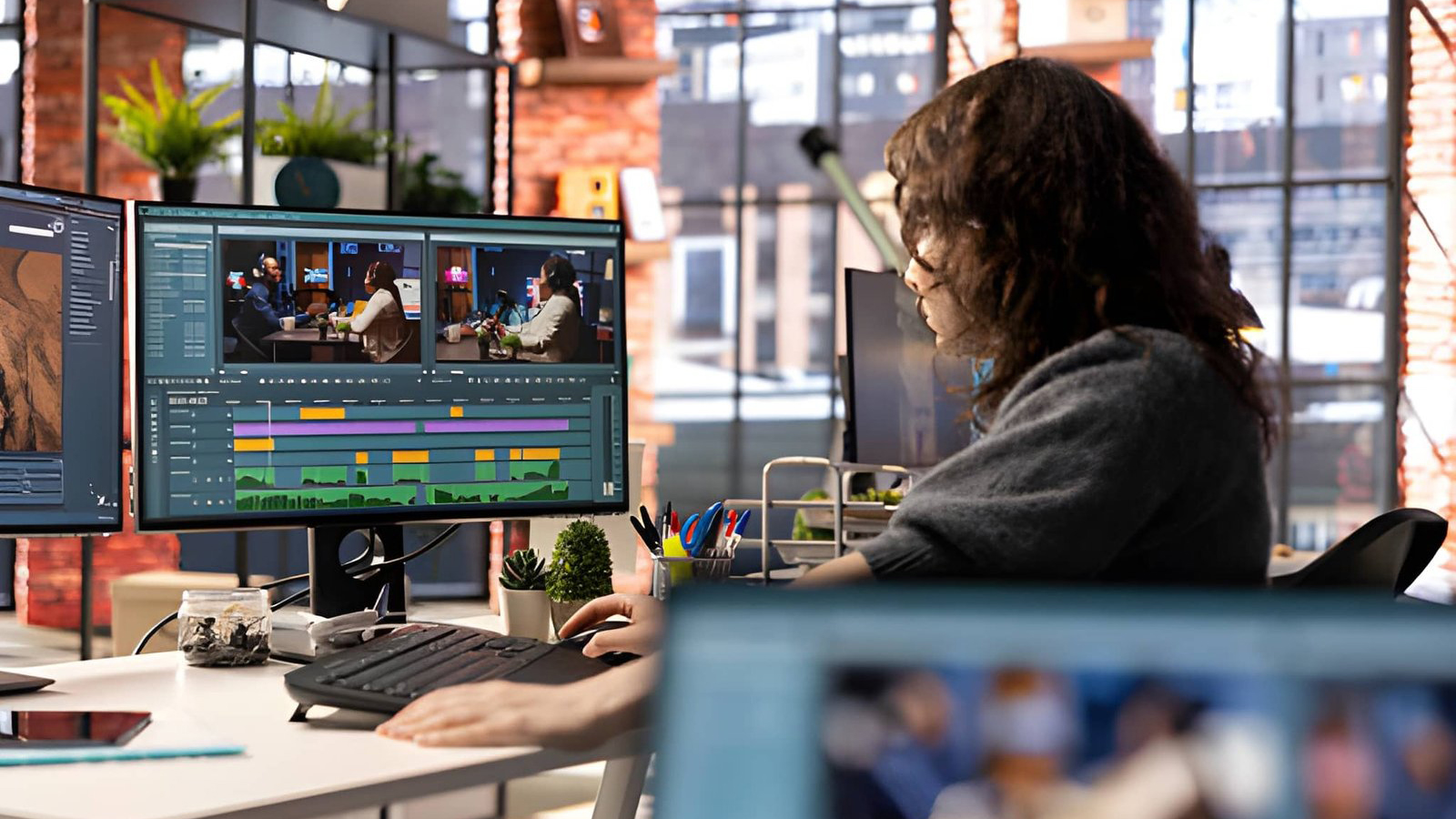 Person editing video on a computer
