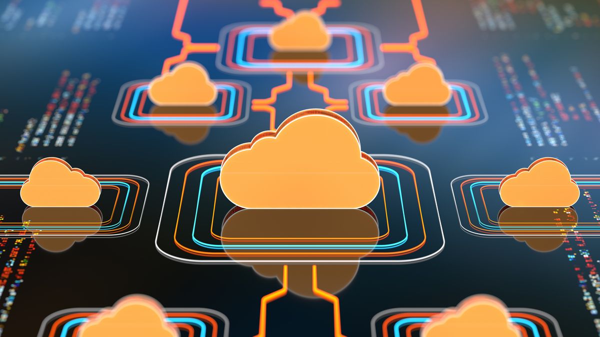 A CGI image of orange clouds sat atop a dark reflective screen to represent cloud-native architecture. Decorative: The clouds are surrounded by concentric curved squares in orange, blue, and white and dots representing code can be seen on the reflective surface.