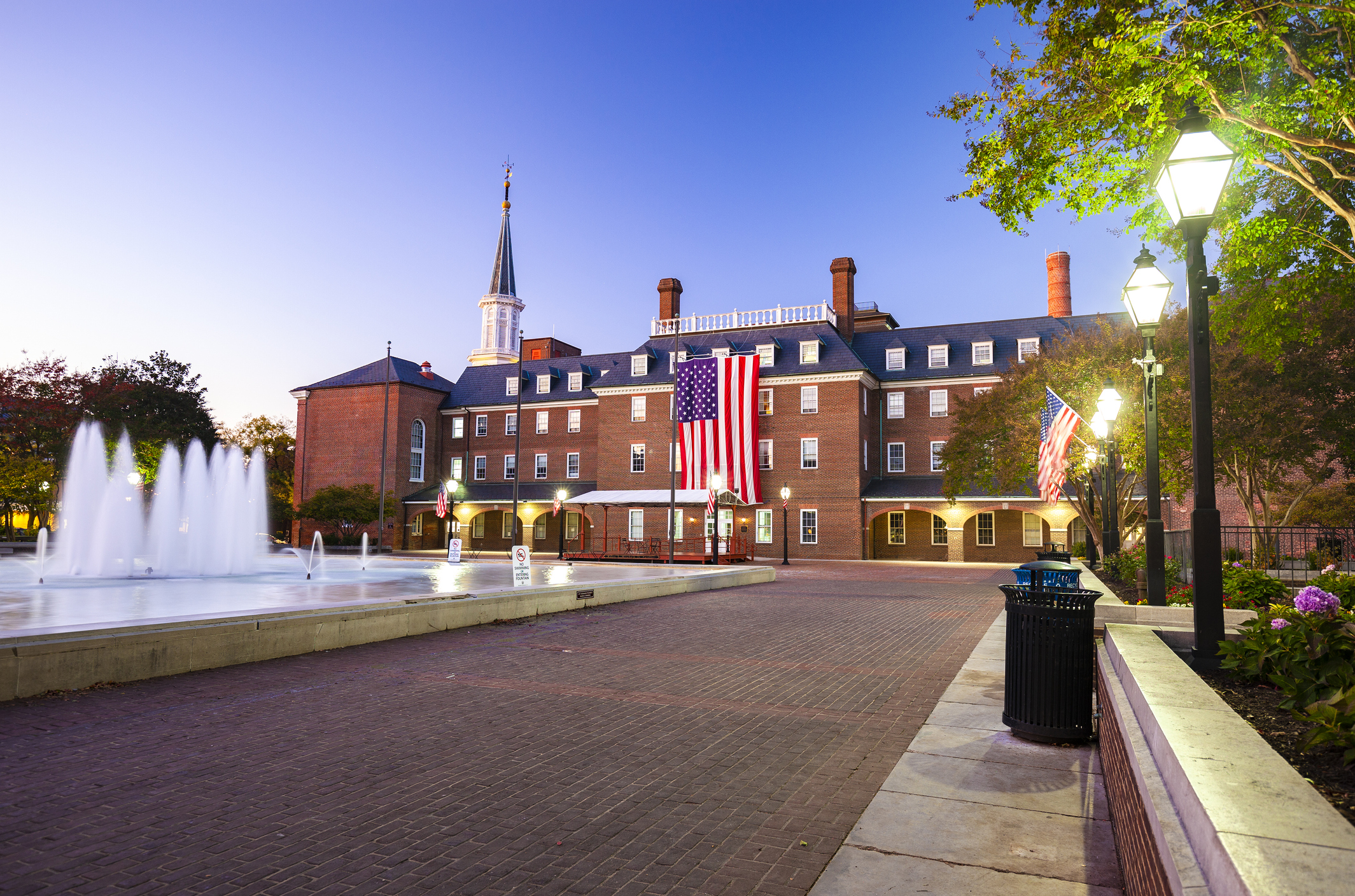 Alexandria City Hall and Market Square in Northern, Virginia at dusk.
