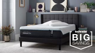 The Tempur-Adapt mattress in a bedroom, with a badge saying Big Savings