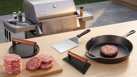A selection of equipment for grilling burgers.