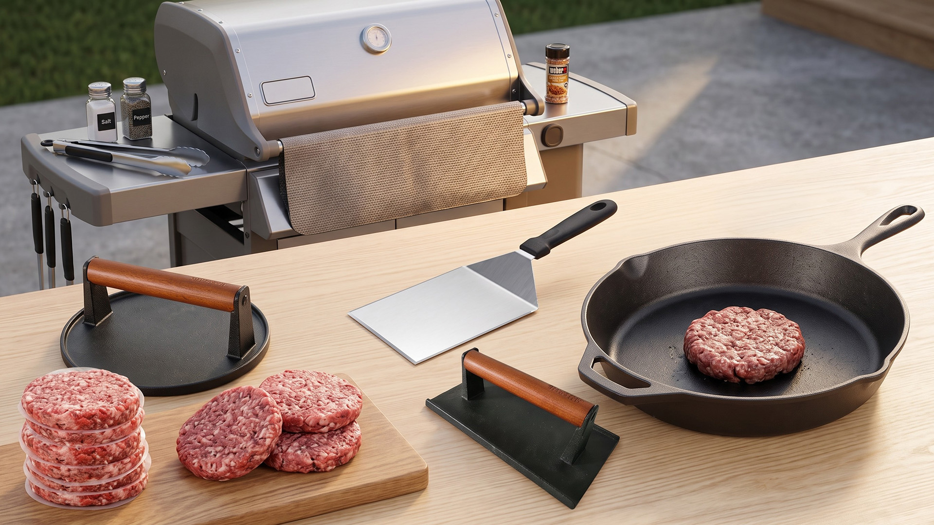 A selection of equipment for grilling burgers.