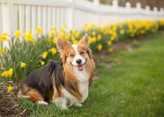 corgi dog in daffodils