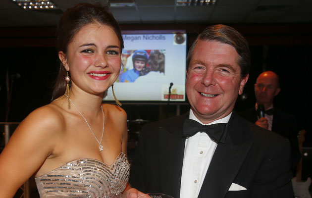 Richard Fuller presents Megan Nicholls with Female Novice Rider Point to Point Awards - Cheltenham 15.11.14 Pic Dan Abraham-racingfotos.com