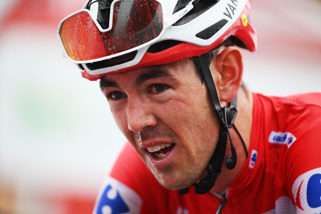 LAGOS DE COVADONGA SPAIN SEPTEMBER 03 Ben OConnor of Australia and Team Decathlon AG2R La Mondiale Red Leader Jersey reacts after crosses the finish line during the La Vuelta 79th Tour of Spain 2024 Stage 16 a 1815km stage Luanco to Lagos de Covadonga 1069m UCIWT on September 03 2024 in Lagos de Covadonga Spain Photo by Dario BelingheriGetty Images