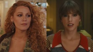 Blake Lively looking to her right in It Ends With Us and Taylor Swift looking forward in the Anti-Hero music video.
