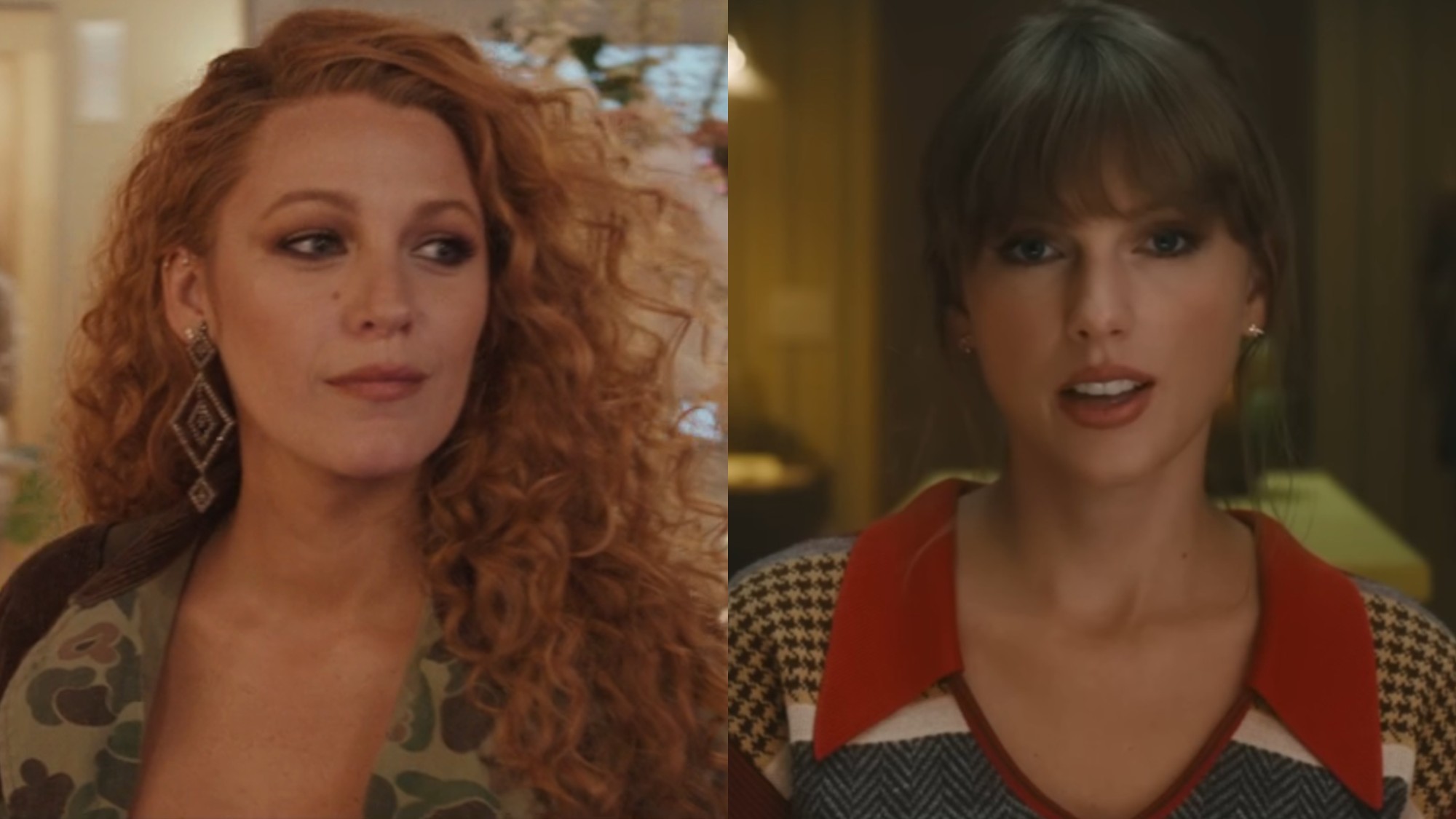 Blake Lively looking to her right in It Ends With Us and Taylor Swift looking forward in the Anti-Hero music video.
