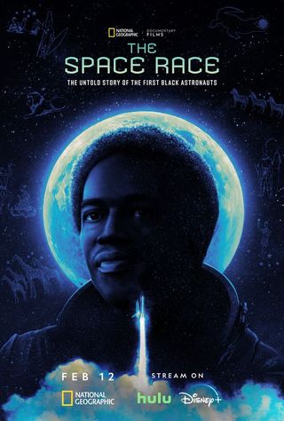 movie poster for the documentary "the space race," showing a black astronaut's face with the moon in the background.