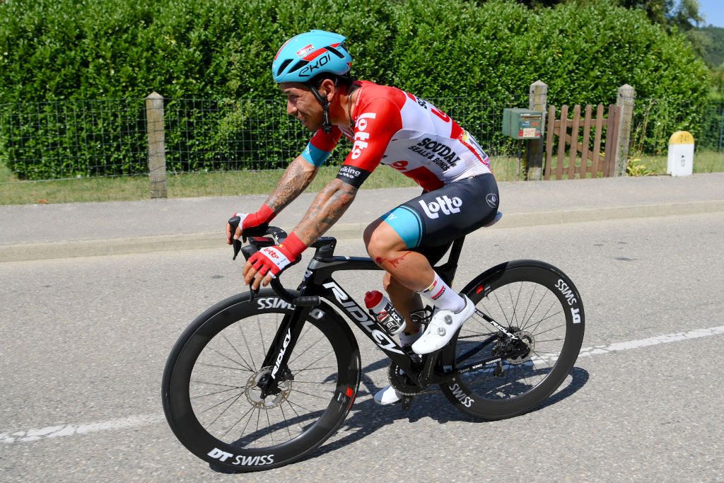SAINT-ETIENNE, FRANCE - JULY 15: Caleb Ewan of Australia and Team Lotto Soudal injured after being involved in a crash during the 109th Tour de France 2022, Stage 13 a 192,6km stage from Le Bourg d'Oisans to Saint-Etienne 488m / #TDF2022 / #WorldTour / on July 15, 2022 in Saint-Etienne, France. (Photo by Alex Broadway/Getty Images)