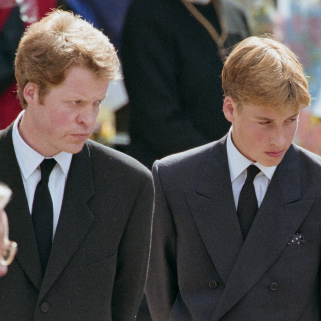 Princess Diana's brother, Charles Spencer, 9th Earl Spencer, and her sons, Prince William and Prince Harry, at her funeral service at Westminster Abbey on September 6, 1997