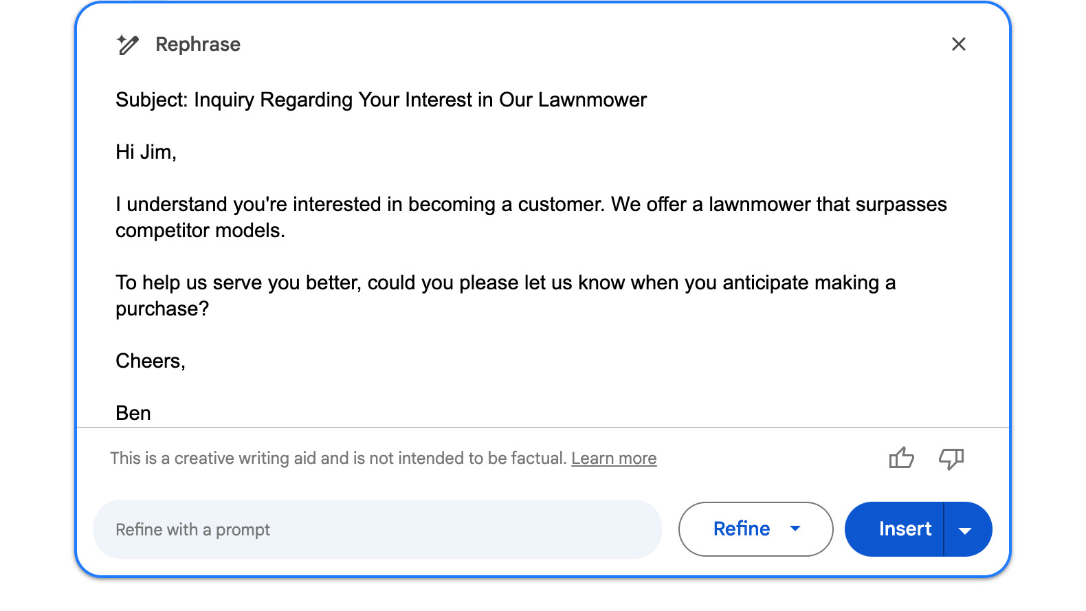 A screenshot of a Gemini-drafted email response