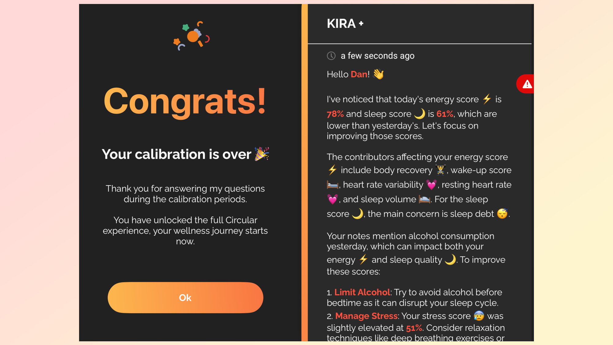 Two side-by-side screenshots from the Circular app with the first showing a congratulations message for completing the calibration wearing period; the other is an AI-powered health recommendation for better sleep based on recent user data