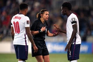 Kateryna Monzul became the first woman to referee an England fixture after officiating their World Cup qualifying win over Andorra.