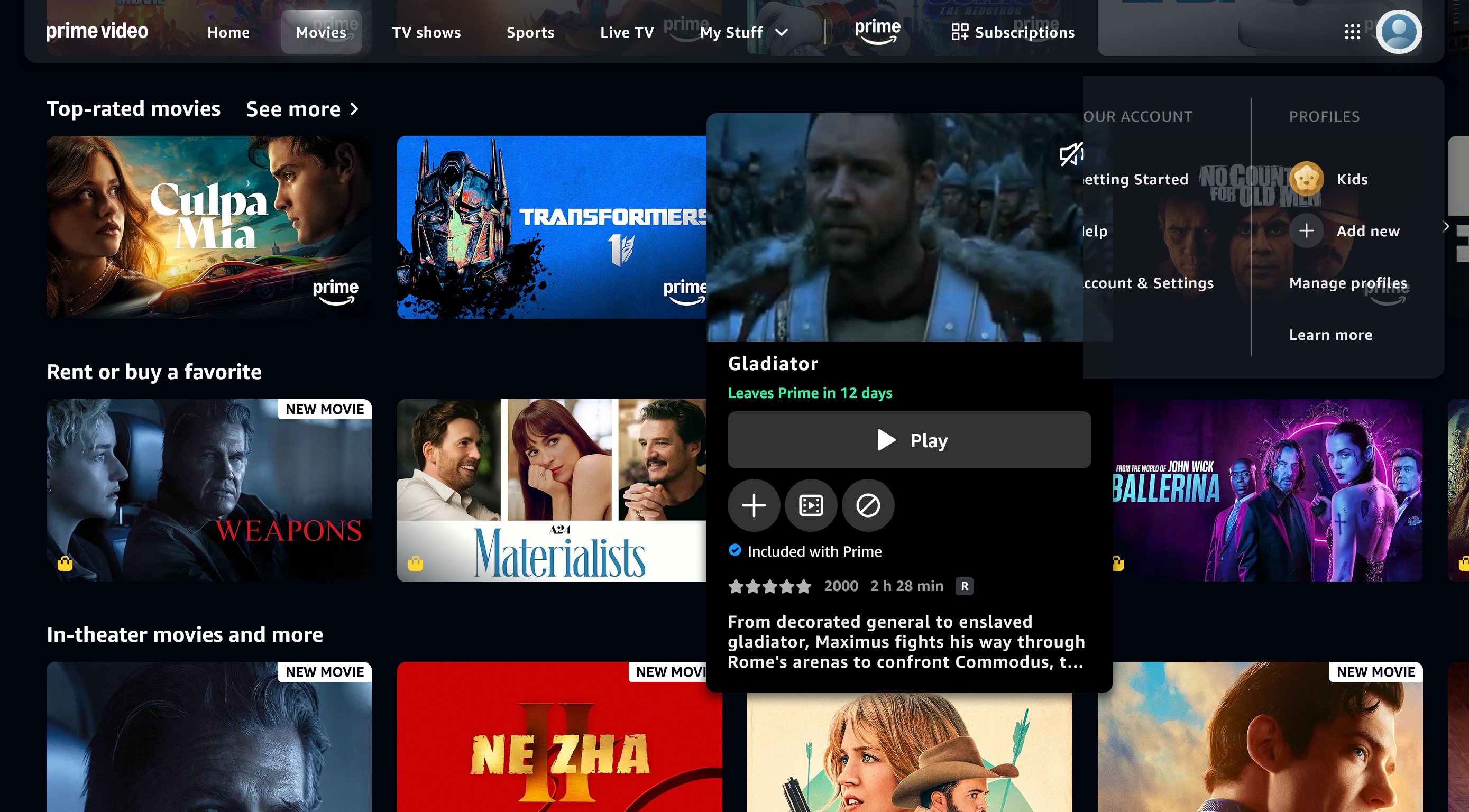 Prime Video hovering mouse pointer over thumbnail to see Leave Prime in 12 days text
