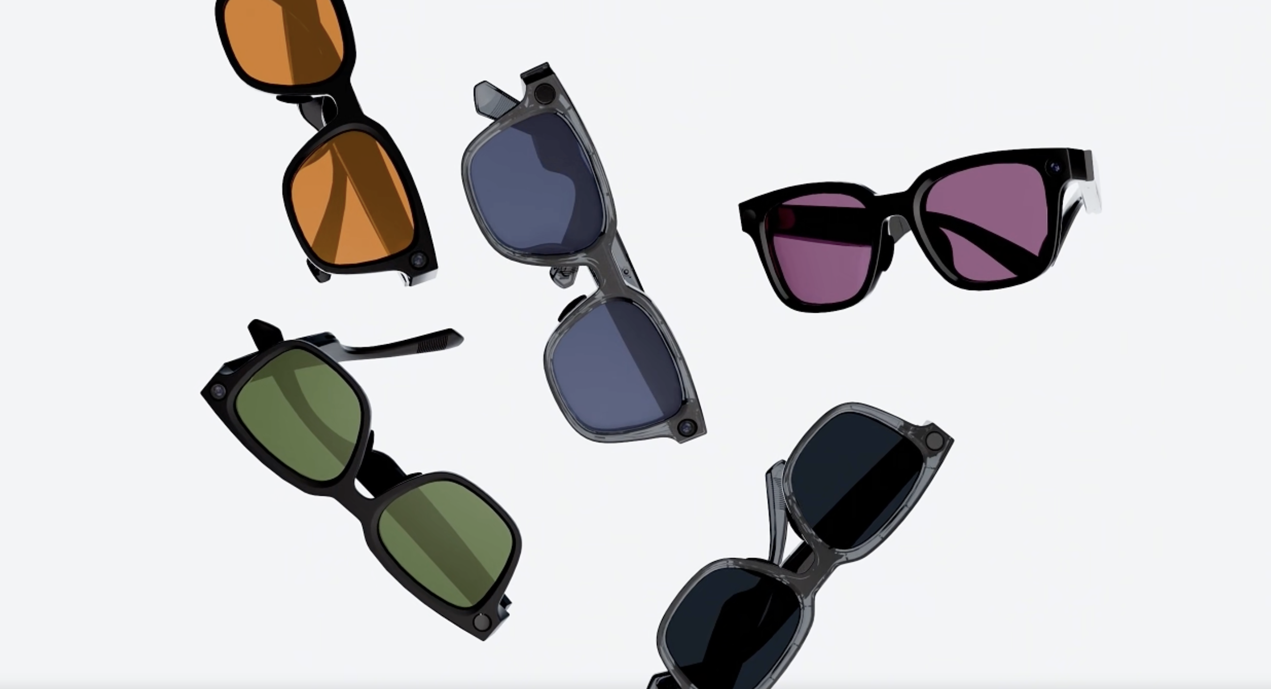 A variety of smart glasses with different lens colors including orange, green, purple, and blue are shown floating against a white background.