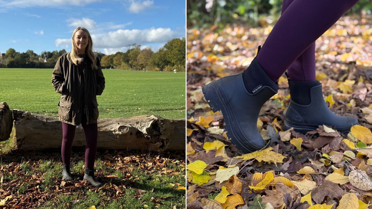 Two images of Caroline Parr wearing the Merry People Tully boots 