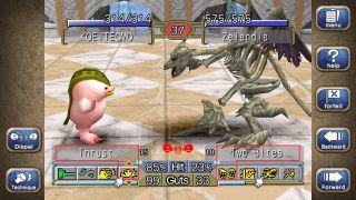 Best Pokemon games - Monster Rancher 1 & 2 DX - A small duck monster prepares to use Thrust against a large skeleton dragon using Two Bites.