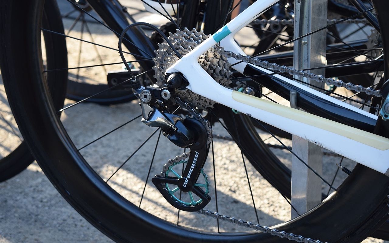 Each of the Bigla riders had a CeramicSpeed OSPW system with jocky wheels matching the turquoise team colours