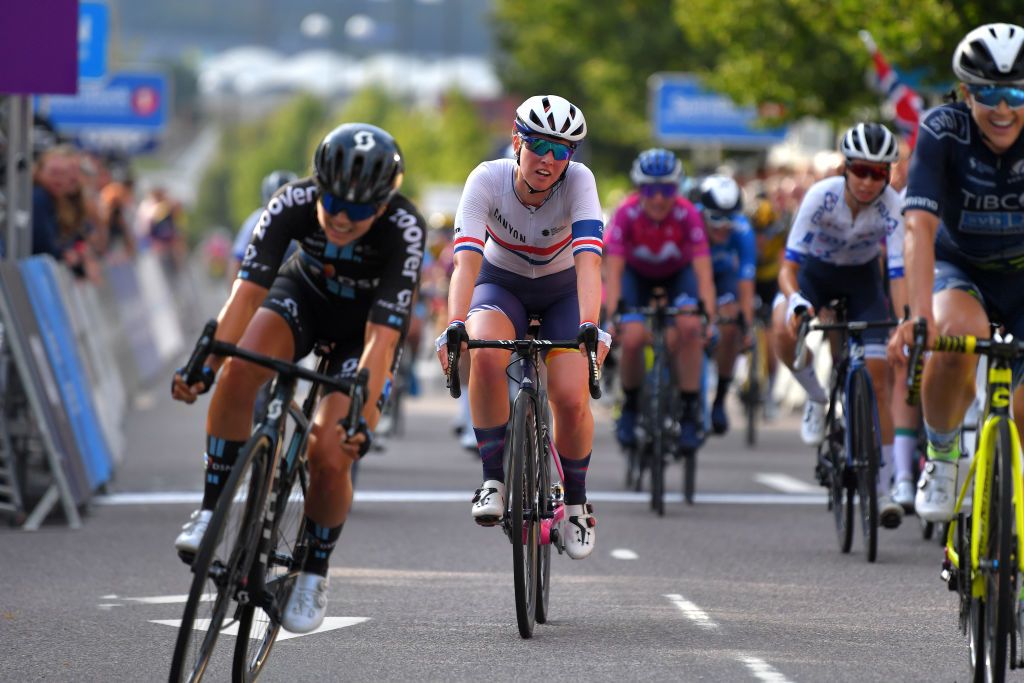 SARPSBORG NORWAY AUGUST 12 Alice Barnes of United Kingdom and Team CanyonSRAM Racing at finish line during the 7th Ladies Tour Of Norway 2021 Stage 1 a 1415km stage from Halden to Sarpsborg LTourOfNorway LTON21 UCIWWT on August 12 2021 in Sarpsborg Norway Photo by Luc ClaessenGetty Images