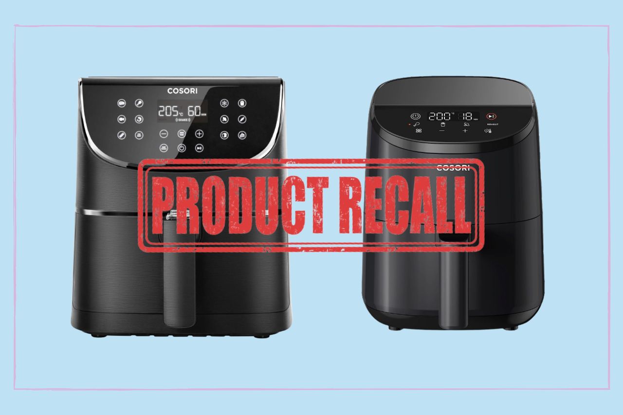 A collage of Cosori air fryers with a stamp saying &#039;product recall&#039; over the top