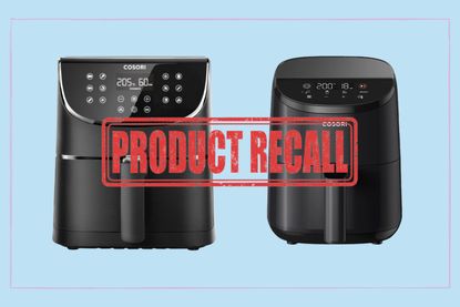 A collage of Cosori air fryers with a stamp saying 'product recall' over the top