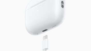 The AirPods Pro2 with new USB-C charging case on a white background.
