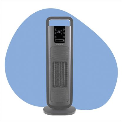 A cut out of the Morphy Richards HeatFlux Ultra Thin Ceramic Tower Heater on a blue and white background