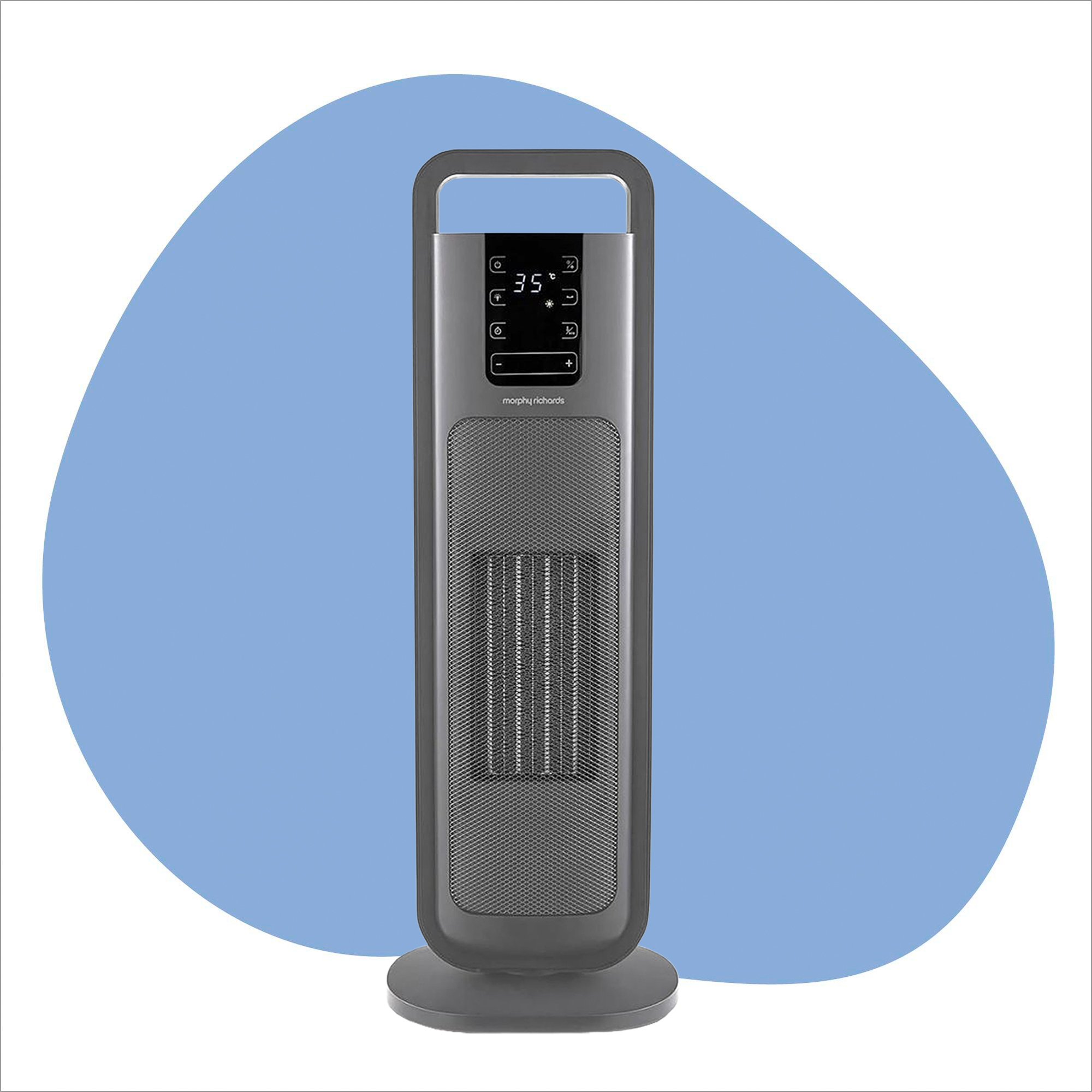A cut out of the Morphy Richards HeatFlux Ultra Thin Ceramic Tower Heater on a blue and white background