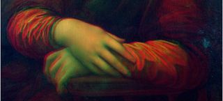 A 3D image, or red-cyan anaglyph, of the hands region of da Vinci's "Mona Lisa" painting and the version in the Prado musuem.