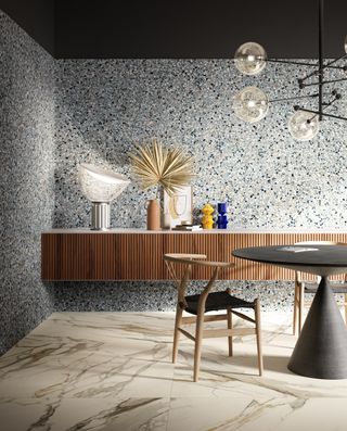 Terrazzo kitchen tile ideas with a marble floor and feature pendant light.