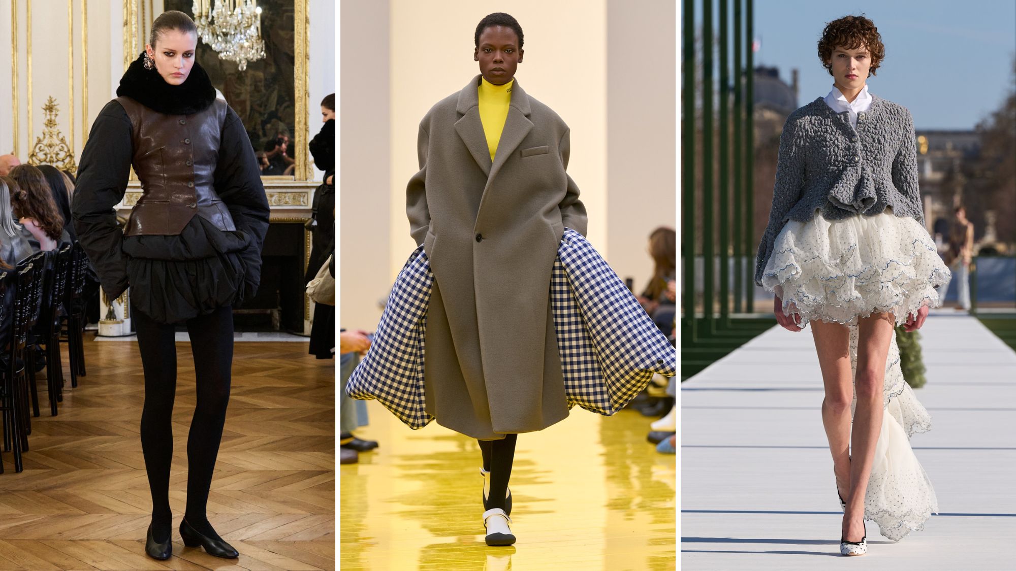 models at magda butrym, loewe and dior aw26 shows wearing inflated silhouettes