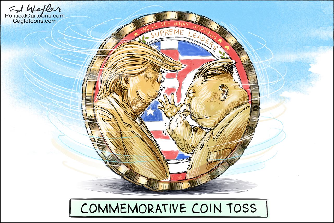 Political cartoon US Trump Kim Jong Un commemorative coin North Korea nuclear summit