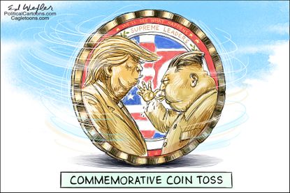 Political cartoon US Trump Kim Jong Un commemorative coin North Korea nuclear summit