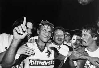 Sion's Jean-Paul Brigger celebrates the Swiss side's title win in May 1992.