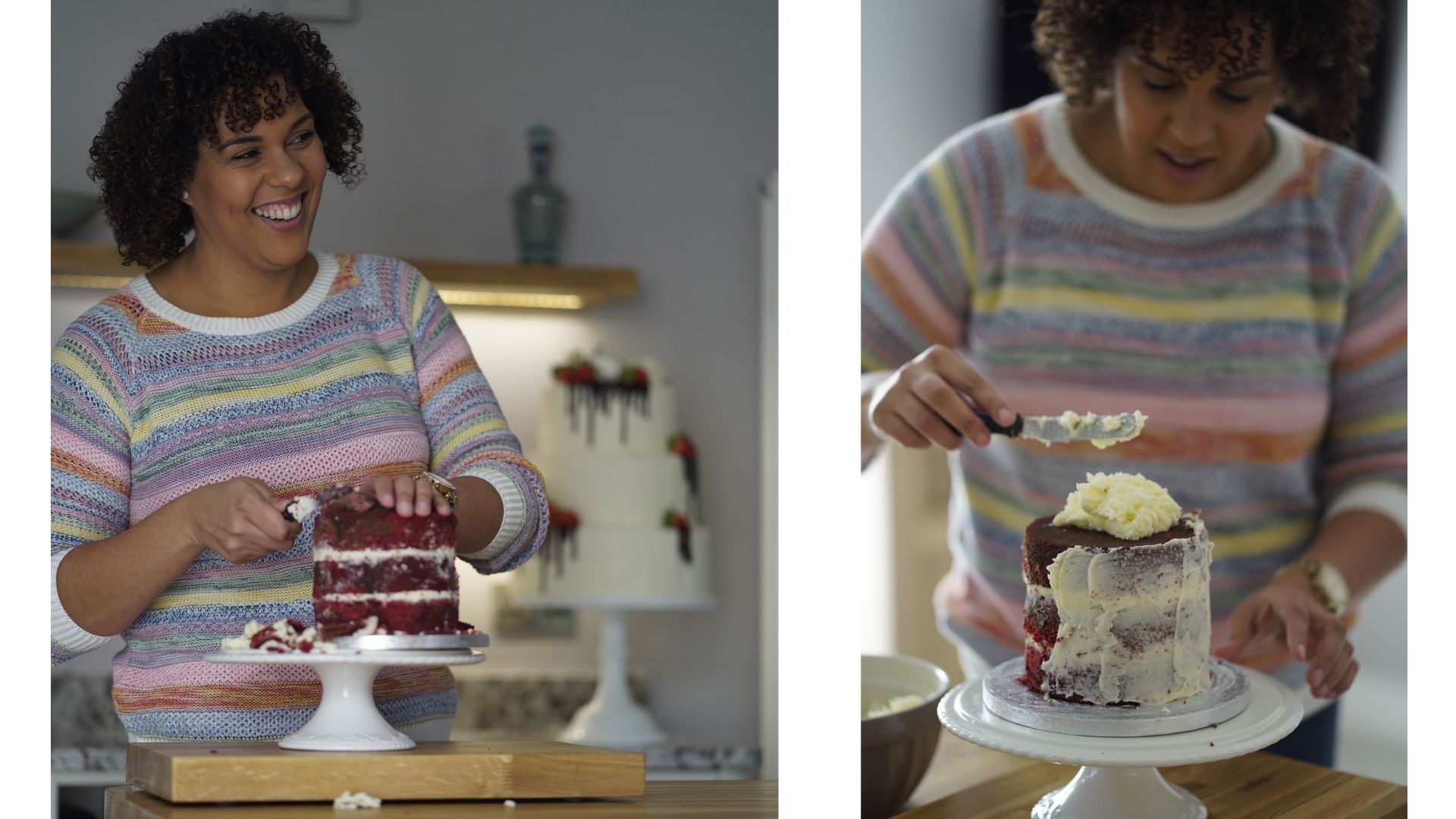 insurance worker turned baker Charlotte Cooper decorating red velvet cake