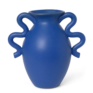 blue stoneware vase with wiggle handles