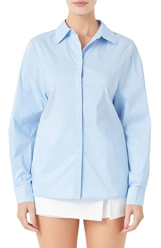 Elastic Back Detail Cotton Blend Button-Up Shirt