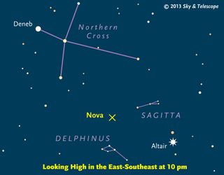 Sky & Telescope sky chart showing the location of the newly discovered nova in the constellation Delphinus discovered in August 2013.