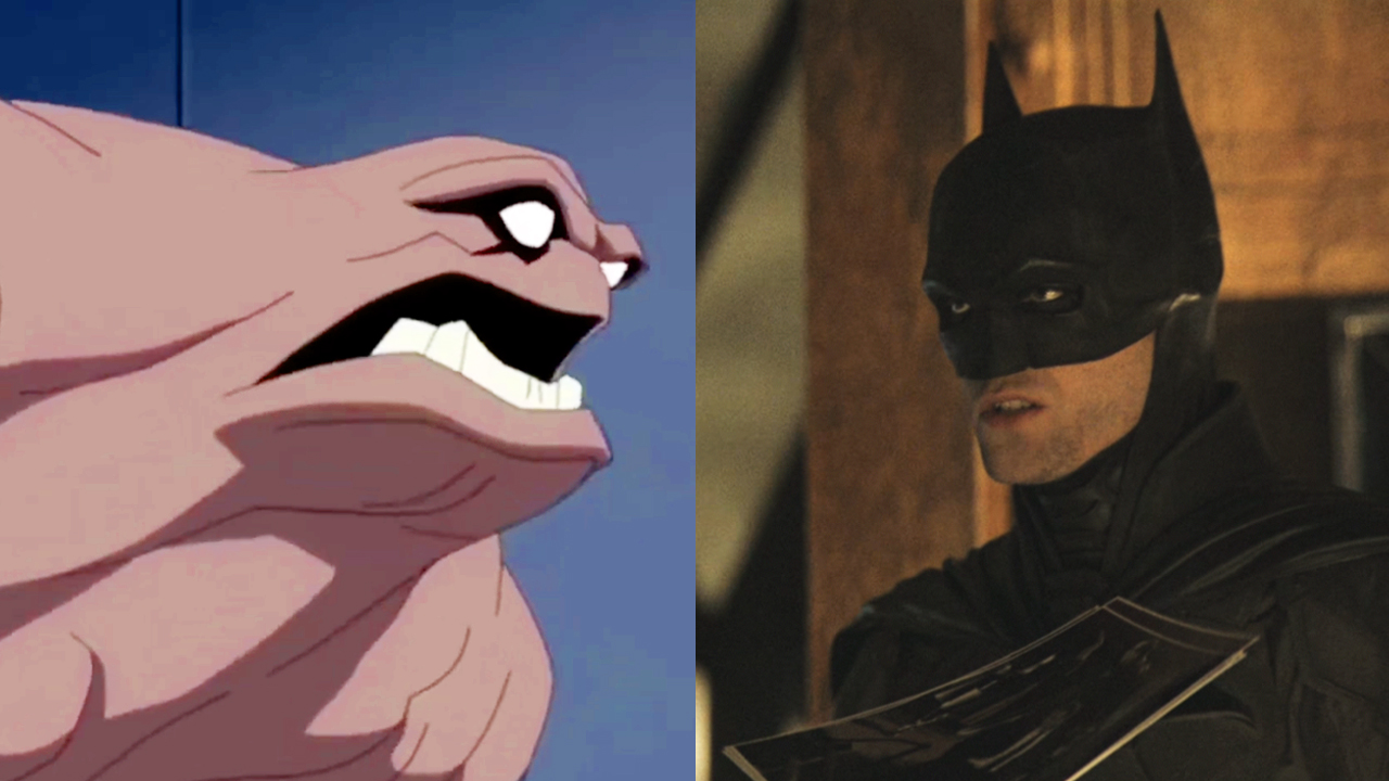 Clayface as he appears in The Batman The Animated Series, Robert Pattinson as Batman in The Batman. 
