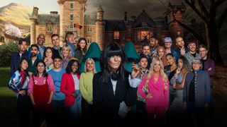 A composite shot of the cast of The Traitors UK series three in front of the Traitors castle, which is pictured partly in daylight and partly at night. Claudia Winkleman is at the front with two hooded 'Traitor' figures behind her, and the rest of the cast in their profile shots on either side.