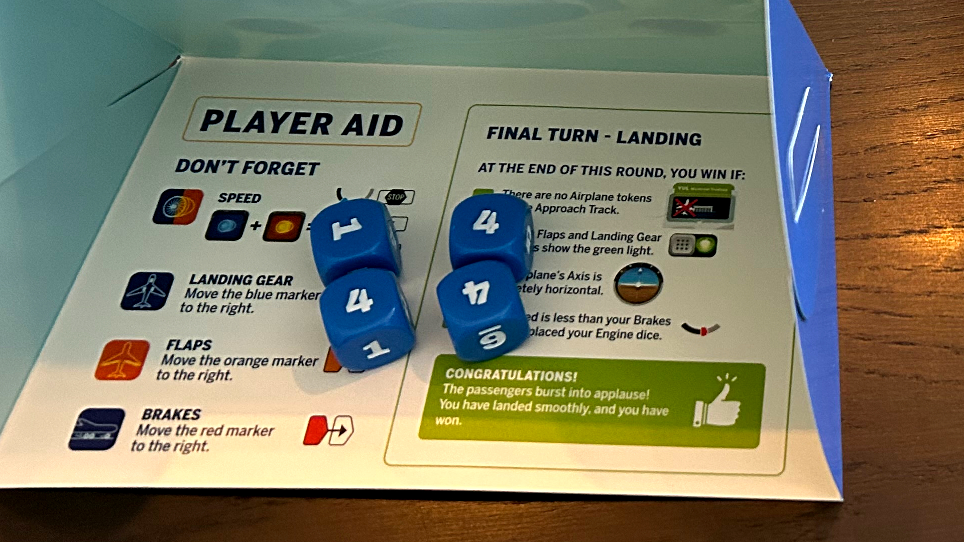 The player aid board, with dice on it