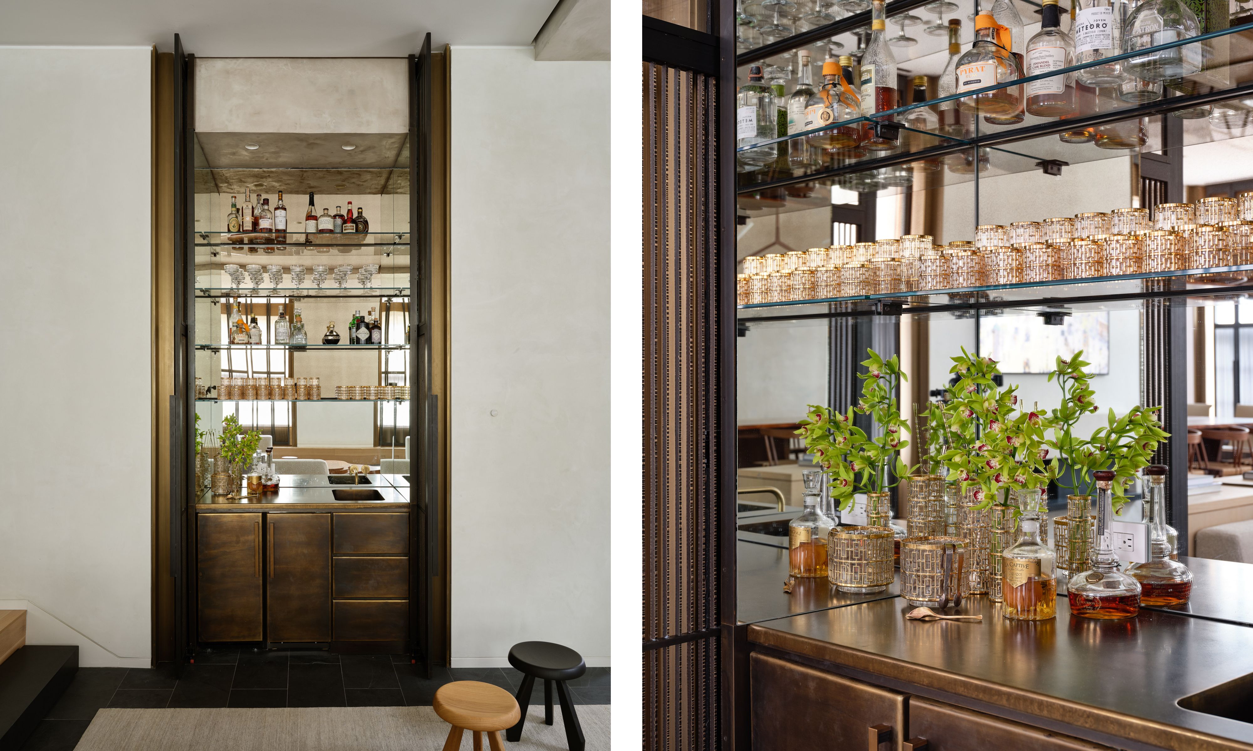 Two images of a home bar built into a nook in an entryway with mirrored shelving