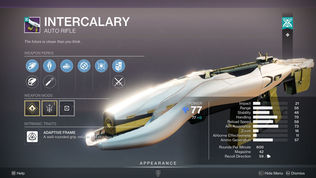 Destiny 2 The Desert Perpetual raid loot table: The Intercalary auto rifle in the inspection screen, showing its perks and stats.