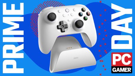 An image of an 8BitDo Ultimate 2 wireless controller against a colorful blue background, with Prime Day and a PC Gamer logo on the sides