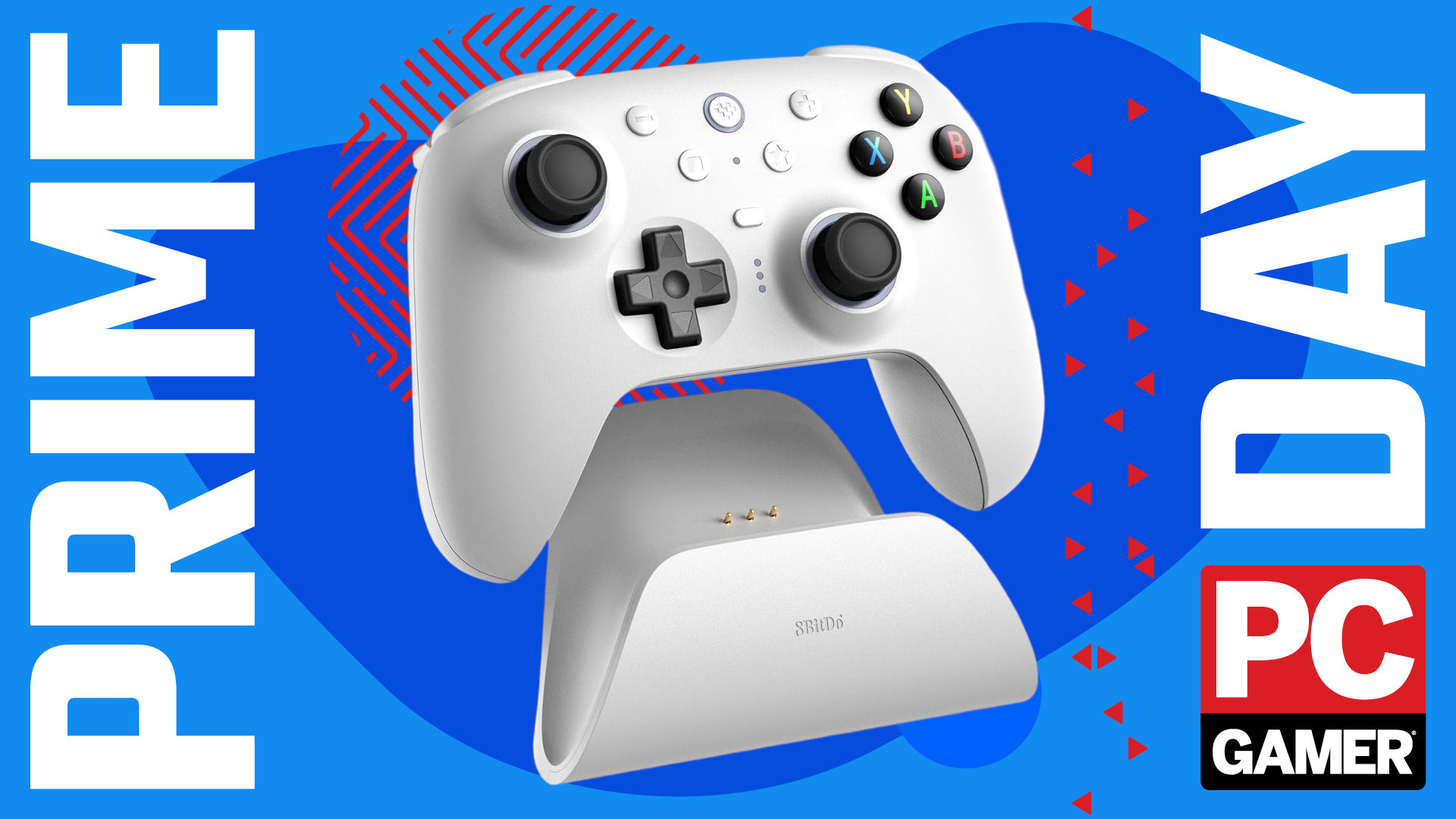 An image of an 8BitDo Ultimate 2 wireless controller against a colorful blue background, with Prime Day and a PC Gamer logo on the sides
